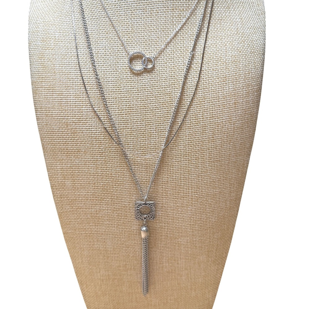 Dainty Layered Necklace Silver Tassel Pave Circle Boho Chic Statement